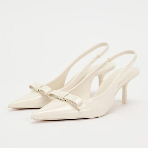 New Zara Bow Trim White Satin Effect Heeled Shoes - Picture 1 of 13
